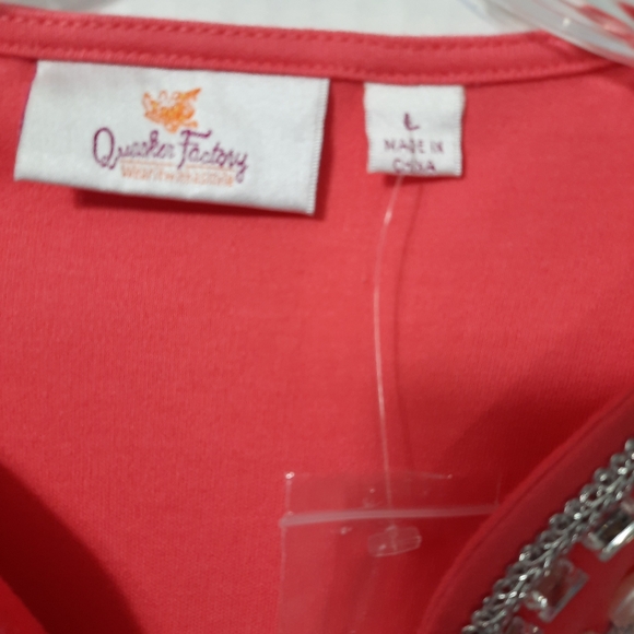 Quaker Factory Women's Top Coral White Silver Embellished Neckline 3/4 Sleeve L - Picture 5 of 10